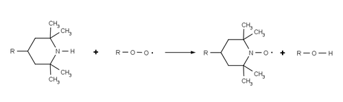 Initial reaction of a HAL with a polymer peroxy radical: this step stabilizes the polymer and converts the HAL to its aminoxyl form UV-Stabilisator-Nitroxyradikal.png