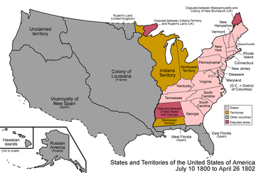 An enlargeable map of the United States after the secret Third Treaty of San Ildefonso transferred the Spanish colony of la Luisiana to the French Republic on October 1, 1800. United States 1800-07-10-1802.png