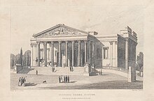 An engraving of the Victoria Rooms from c.1845 showing carriages using the sloping ramps Victoria Rooms Clifton.jpg