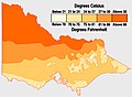 Temperaturas máximas promedio de enero: el norte de Victoria casi siempre es más cálido que las áreas costeras y montañosas.