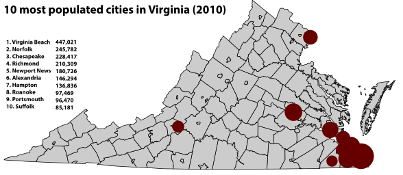 Top 10 most populated cities in Virginia (2010)