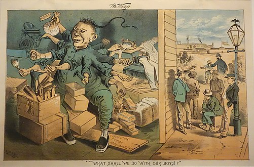 "What Shall We Do with Our Boys?" (1882) portrays a stereotypical Chinese worker as contributing to white American unemployment