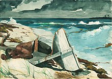 After the Hurricane, painted by Homer in 1899, perhaps as the sequel to The Gulf Stream, "is among Homer's most astonishing and ambitious watercolors for its sheer technical virtuosity and epic subject matter" Winslow Homer - After the Hurricane, Bahamas.jpg