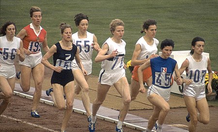 Final. Left-right: Anne Smith, Laine Erik, Marise Chamberlain, Ann Packer, Antje Gleichfeld, Gerda Kraan, Maryvonne Dupureur, Zsuzsa Szabo Women 800 m final 1964 Olympics 1964b.jpg