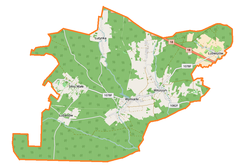 Mapa konturowa gminy Wymiarki, po lewej nieco na dole znajduje się punkt z opisem „Lubartów”