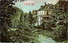 Postcard showing views of houses by a brook with a wooden bridge in Cortland, Ohio.