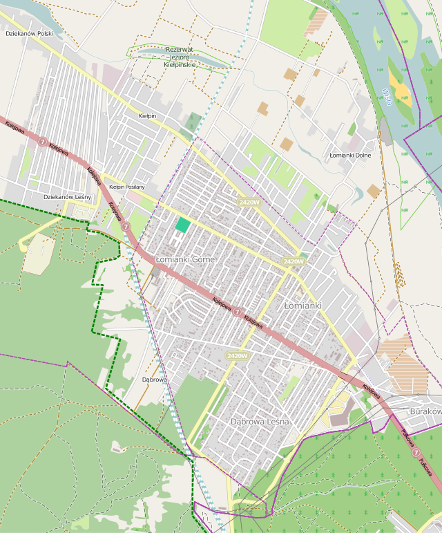 Mapa konturowa Łomianek, blisko centrum na prawo znajduje się punkt z opisem „ulica Warszawska”