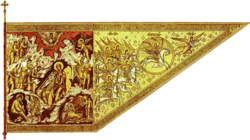 Bannière du Grand Régiment en 1654. Les motifs sont, du côté de la hampe, la mise au tombeau du Christ, et à la pointe, le ciel étoilé parcouru par l'armée de saint Michel.
