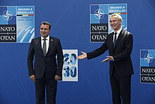 Stoltenberg with Macedonian Prime Minister Zoran Zaev during a NATO summit on 14 June 2021 NATO Samit 2021 NATO Summit 2021 -14.06.2021- (51247770580).jpg