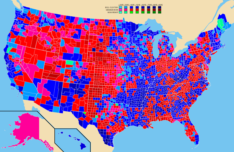 Election results by county.mw-parser-output .legend{page-break-inside:avoid;break-inside:avoid-column}.mw-parser-output .legend-color{display:inline-block;min-width:1.25em;height:1.25em;line-height:1.25;margin:1px 0;text-align:center;border:1px solid black;background-color:transparent;color:black}.mw-parser-output .legend-text{}  Bill Clinton   George H. W. Bush   Ross Perot