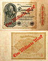 Billet de 1 000 marks du 15 décembre 1922 contremarqué en rouge « 1 milliard de marks » durant l'automne 1923.