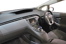 Interior of 3rd generation Prius, with Safety Connect links in overhead console. 2009 Toyota Prius 03.jpg