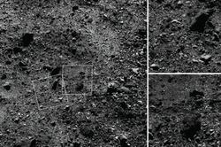 Links ist eine 180 Meter große Fläche auf der Nördlichen Hemisphäre zu sehen. In den Detailaufnahmen (rechts) ist oben ein 15 Meter großer Felsen und unten ein Regolith-„Teich“ zu sehen (Aufnahmen vom 25. Februar 2019).