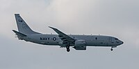 A Boeing P-8 Poseidon, tail number 168761, on final approach at Kadena Air Base in Okinawa, Japan. It is assigned to Patrol Squadron 45 (VP-45) at NAS Jacksonville, Florida, United States.