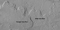 Lava flows on Olympus Mons with older and younger flows labeled, as viewed by HiRISE during the HiWish program