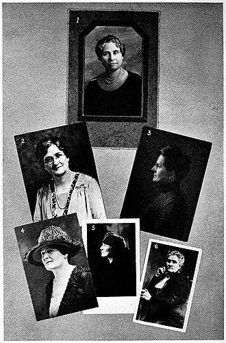 1) Alice Louise Reynolds, 2) Amy Brown Lyman, 3) Grace Raymond Hebard, 4) Fanny Maughan Vernon, 5) Ruth Moench Bell, 6) Susa Young Gates A Few of the Eminent Women of Alice Louise Reynolds, Amy Brown Lyman, Grace Raymond Hebard, Mrs. Weston Vernon, Ruth Moench Bell Susa Young Gates.jpg