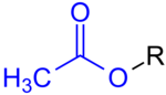 Asetik esterin genel formülü. Mavi'yle çizilen kısım Acetat kısmıdır. R'ile gösterenlen kısım organik kısımdır.