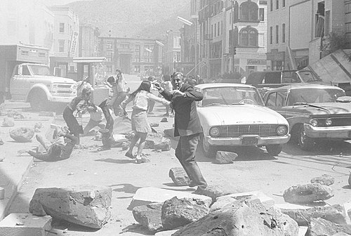 Actors during the filming of Earthquake in 1974.