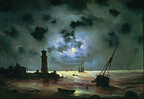 Sea coast at night. Near the beacon 1837