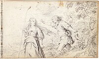 p197 - Unknown contributor - Drawing - Shepherd and shepherdess, with the poem on page 196
