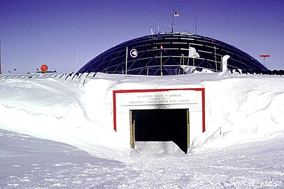 The main entrance to the former geodesic dome ramped down from the surface level. The base of the dome was originally at the surface level of the ice cap, but the base had been slowly buried by snow and ice.