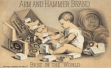 Arm and Hammer trade card from the 1870s, showing the logo Arm and Hammer brand Best in the world.jpg