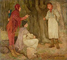 «Mientras el necio se cree sabio, el sabio sabe que él mismo es un necio» («The fool doth think he is wise, but the wise man knows himself to be a fool».[1]) Acuarela de Frederick William Davis (c. 1902)