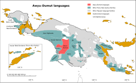 Řada jazyků Awyu-Dumut na Nové Guineji, na mapě červená.