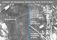Baracken und andere Anlagen der Belgischen Besatzung im schwarz-weiß Luftbild des Baerler Busches von 1926 erkennbar