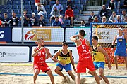 Deutsch: Beachhandball Europameisterschaften 2019 (Beach handball Euro); Tag 3: 4. Juli 2019 – Männer, Hauptrunde Gruppe II, Polen-Ukraine 2:0 (24:13, 23:22) English: Beach handball Euro; Day 3: 4 July 2019 – Men Main Round Group II – Poland-Ukraine 2:0 (24:13, 23:22)