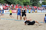 Deutsch: Beachhandball Europameisterschaften 2019 (Beach handball Euro); Tag 3: 4. Juli 2019 – Männer, Hauptrunde Gruppe I, Serbien-Deutschland 2:1 (14:25, 20:18, 7:6) English: Beach handball Euro; Day 3: 4 July 2019 – Men Main Round Group I – Serbia-Germany 2:1 (14:25, 20:18, 7:6)