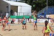 Deutsch: Beachhandball Europameisterschaften 2019 (Beach handball Euro); Tag 2: 3. Juli 2019 – Frauen, Vorrunde Gruppe D, Ukraine-Deutschland 2:0 (23:22, 32:24) English: Beach handball Euro; Day 2: 3 July 2019 – Women Preliminary Round Group D – Ukraine-Germany 2:0 (23:22, 32:24)