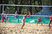 Deutsch: Beachvolleyball bei den Olympischen Jugendspielen 2018; Tag 8, 14. Oktober 2018; Mädchen, Achtelfinale – Bolivien-Puerto Rico 0:2 (18–21/18–21 ) English: Beach volleyball at the 2018 Summer Youth Olympics at 14 October 2018 – Girls Round of 16 – Bolivia-Puerto Rico 0:2 (18–21/18–21 )