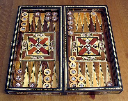 A backgammon set, from Lebanon; the style shows Islamic influences