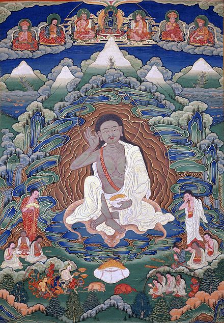 A thangka of Milarepa (1052–1135), a great yogi and poet of Tibet. His poetry is quite probably inspired by Indian Tantric Buddhist poetry, such as dohas by Mahasiddha Saraha, to mention one among many other examples.