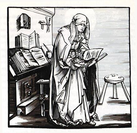 Bridget of Sweden with manuscripts.