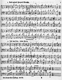 Breitkopf 1784: No. 1 "Aus meines Herzens Grunde" (= BWV 269) and No. 2 "Ich dank' dir, lieber Herre" (= BWV 347) Breitkopf 1784.jpg