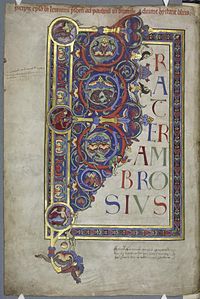 Romanesque foliage volutes on a page from the Bury Bible, by Master Hugo, c.1135-1140, illumination on parchment, Corpus Christi College, University of Cambridge, the UK