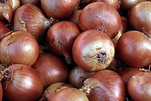 Topical crude onion juice from Australian brown onion was used in a 2002 study to regrow hair in bald people. CSIRO ScienceImage 2782 Brown Onions.jpg