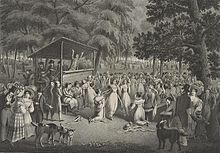 A drawing of a Protestant camp meeting (by H. Bridport, c. 1829) Camp meeting.jpg