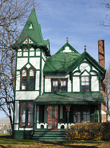 An example of a 19th-century Carpenter Gothic Revival style cottage on Thousand Island Park. Carpenter Gothic Revival Cottage.JPG