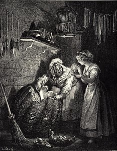 « La Fée marraine de Cendrillon creusa la citrouille et, n'ayant laissé que l'écorce, la frappa de sa baguette magique, et la citrouille fut aussitôt changée et transformée en un beau carrosse d'or tout doré ». Illustration de Gustave Doré de 1867.