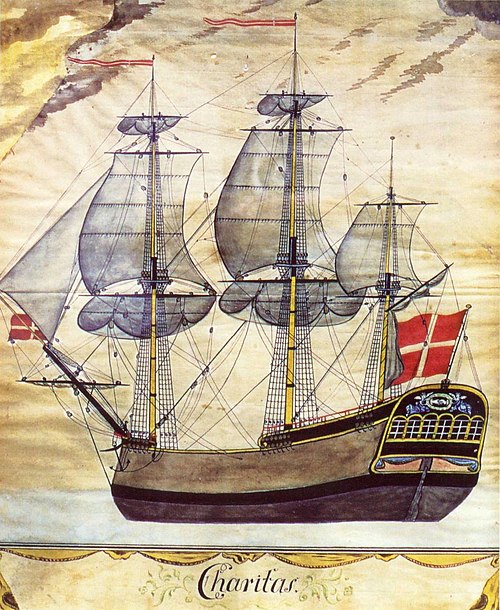 Charitas, the ship captained by Henrik's grandfather of the same name when he died at sea outside Grimstad in 1797. The Dannebrog was the common flag 