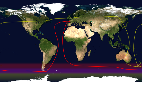 The route of a typical yacht racing circumnavigation is shown in red; its antipodes are shown in yellow.