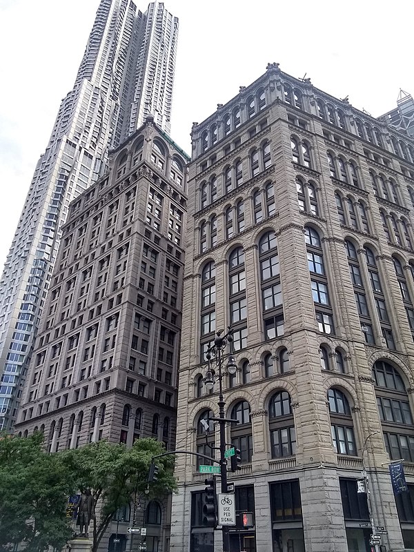 Seen in 2020; 41 Park Row is at right, 8 Spruce Street and 150 Nassau Street at left