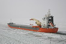 Cargo ship navigating in ice, Gulf of Bothnia Claudia (2005).jpg