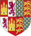 Герб Екатерины Ланкастерской как королевы Кастилии и Леона: справа королевский герб Кастилии и Леона, принадлежавший её мужу (щит поделённый на четверто; в первой и четвёртой частях герб Кастилии — трёхбашенный замок на червлённом фоне, во второй и третьей частях герб Леона — пурпурный Лев с золотой короной на голове); слева собственно герб Английского королевства (щит поделённый начетверто, в первой и четвёртой частях на червлённом поле три золотых леопарда, во второй и третьей частях на лазоревом поле золотые лилии).