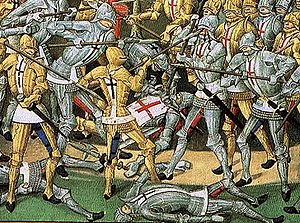 Vue détaillée d'une illustration du Tournoi des Trente des Chroniques de Nantes par Pierre Le Baud (1480).