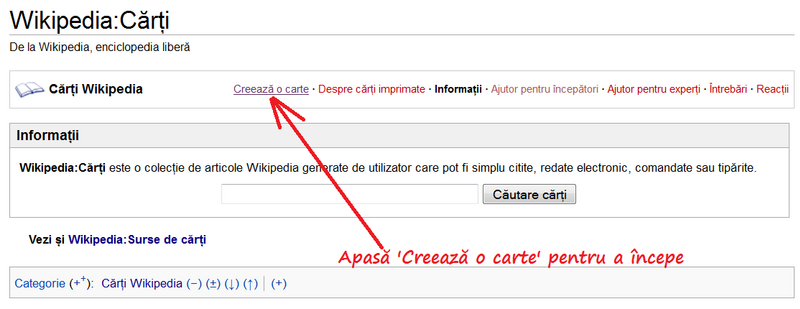 Fig. 1: În pagina Wikipedia:Cărți apasă 'Creează o carte' pentru a începe