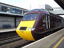 HST power car in CrossCountry livery at Bristol Parkway. CrossCountry operates these trains on its northeast–southwest services.